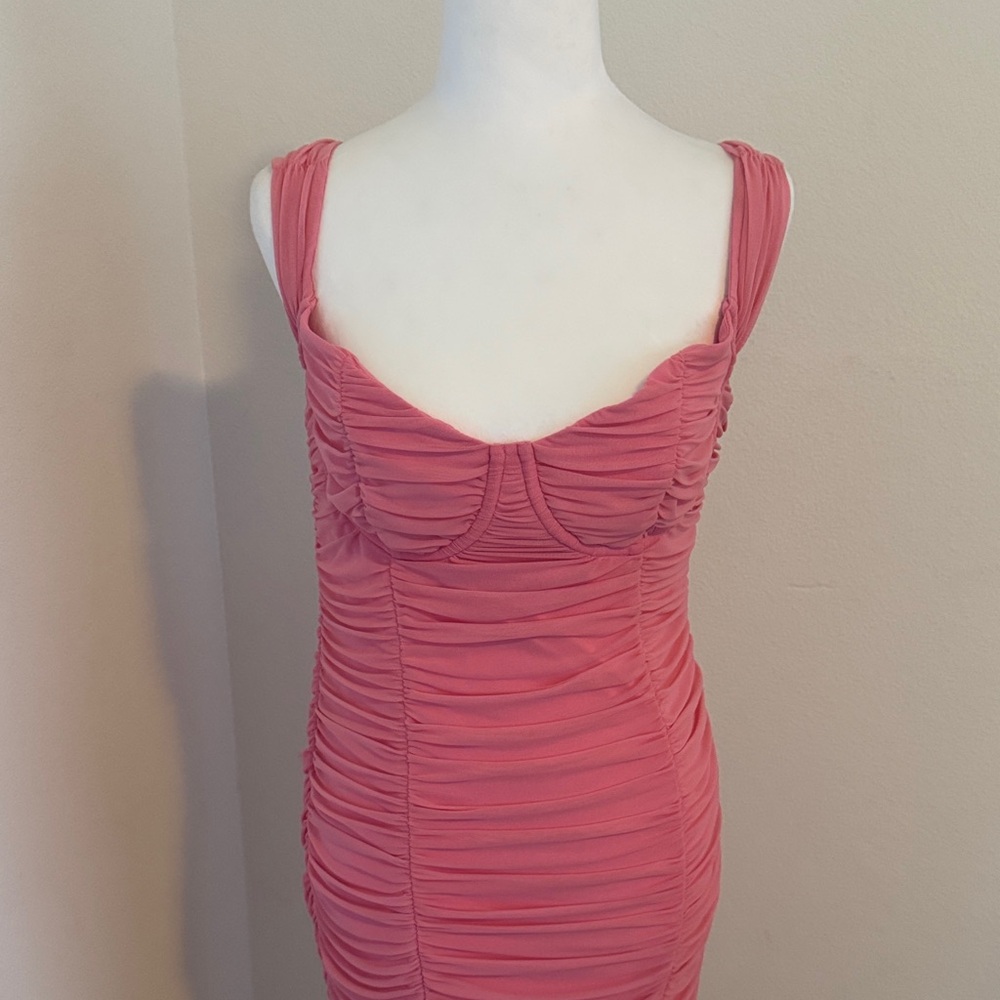 MAJORELLE Pink Ruched Midi Dress